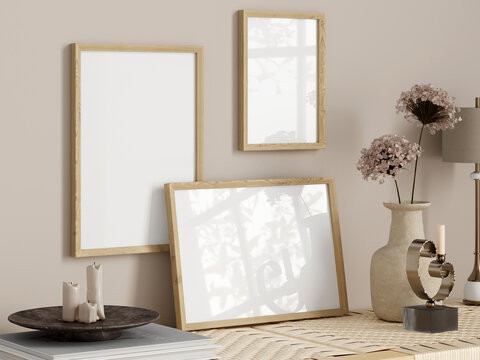 Gallery frame mockup in modern boho living room interior, poster mockup, 3d render