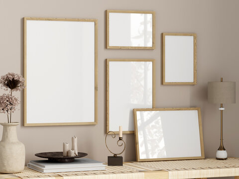 Gallery frame mockup in modern boho living room interior, poster mockup, 3d render