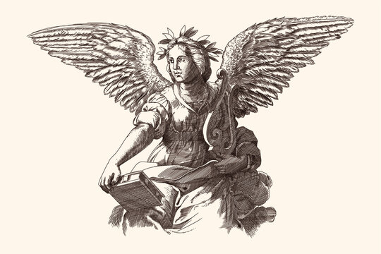 Woman angel with wings and a laurel wreath on her head with a book and a lyre in her hands. Medieval engraving isolated on a beige background.
