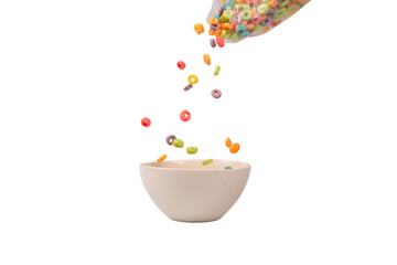 Colorful cereal box for morning breakfast. Corn flakes falling to the white bowl. Motion.