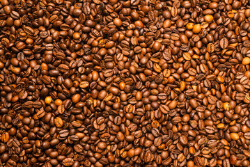 Coffee beans on a white background. Top view.