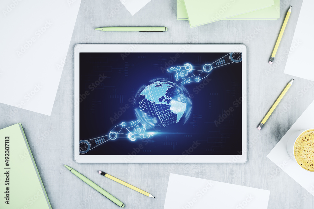 Fototapete creative concept of robotics technology with globe sketch on modern digital tablet screen. robot dev