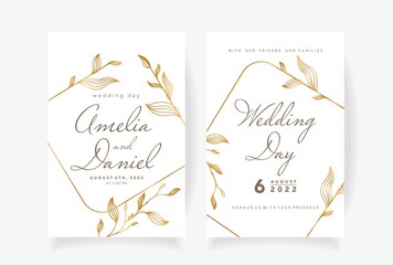 Wedding invitation template with beautiful leaves and geometric golden frame Vector illustration
