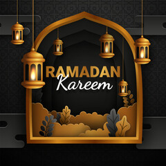 Ramadan kareem paper cut vector. Banner or poster with lantern and cloud ornament, suitable for  celebrating ramadan events. - obrazy, fototapety, plakaty
