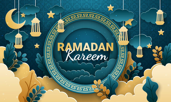 Ramadan kareem paper cut vector. Banner or poster with lantern, star and cloud ornament, suitable for  celebrating ramadan events.