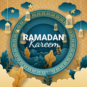 Ramadan kareem paper cut vector. Banner or poster with lantern, star and cloud ornament, suitable for  celebrating ramadan events.