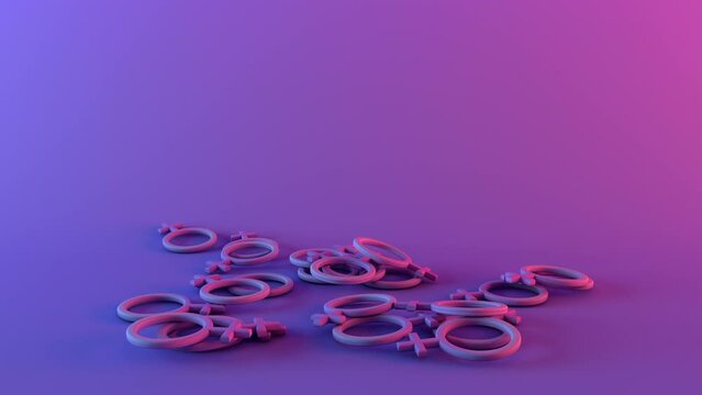 Female gender symbol falling down on purple pink background with blank copy space to insert text, concept of feminism and women's empowerment , Full HD