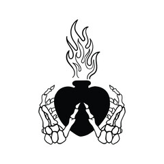 hand drawn heart fire with hand bones doodle illustration for tattoo stickers etc premium vector