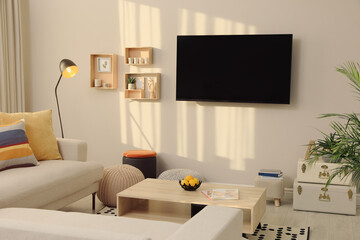 Modern TV, comfortable sofa and decor elements in living room