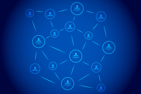 DAO, Decentralized autonomous organization concept design. Businessmen connected to each other with smartphone, laptop and tablet on blockchain network.