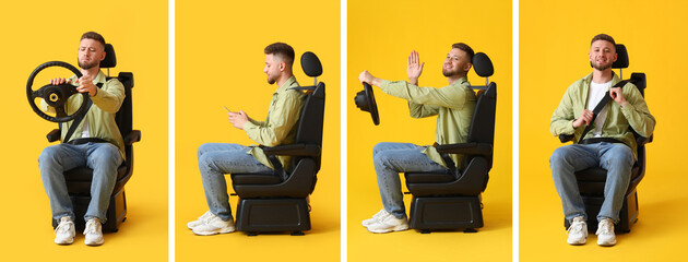 Sad young man in car seat and with steering wheel on color background