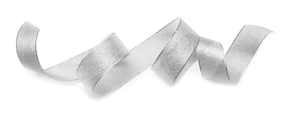 Curly silver ribbon on white background