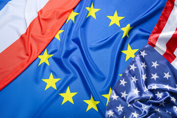 Flags of European Union, France and USA as background, closeup
