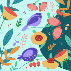 Seamless pattern with trees and birds. Wildlife silhouette, white floral ornament on blue background. Vector hand drawn illustration, garden in japanese style.