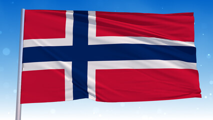 Waving National Flag Of Norway In The Wind With Pole On Cloudy Fog Glitter Dust Flying Blue Sky 3D Rendering