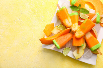 Plate with tasty popsicles and melon pieces on yellow background