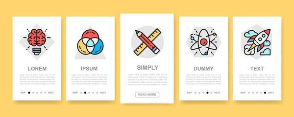 Creative vertical banners set. Modern thin line flat icons for website menu. Innovation, startup, artwork, project, idea mobile screens.