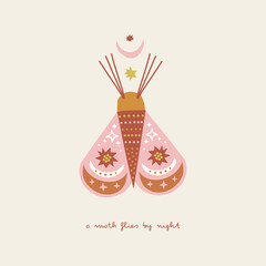 Bohemian whimsical moth with half moon and stars wings vector illustration. Day and night butterfly childish print with phrase for baby fashion and Scandinavian style nursery.