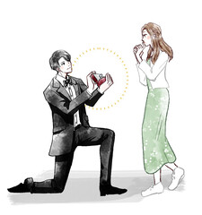 カップル　彼女に指輪を渡してプロポーズする男性