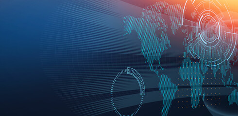 Interface design. Futuristic background with Earth planet, World map, techno screen elements and light effects.