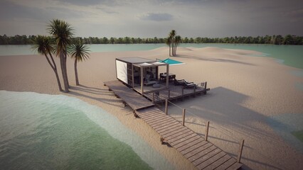 small mobile home with wooden terrace bird eyes view 3d illustration