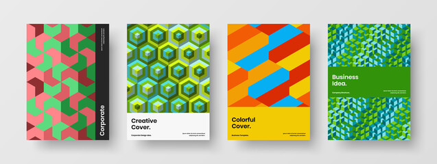 Colorful geometric pattern magazine cover concept bundle. Fresh pamphlet A4 vector design template composition.