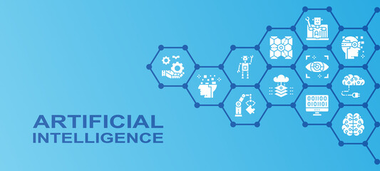 Artificial Intelligence promotion icons banner. Robotics, Chatbot, Database, Big Data illustration. Web banner layout template.