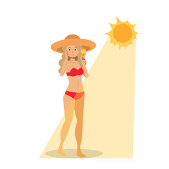 Skin care concept.Sunscreen.Happy Smiling Woman Wearing Swimsuit And Hat Holding bottle of Sunblock Sun Protective.Flat vector Cartoon Character Illustration