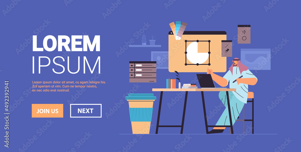 Poster designer drawing with pen in graphic editor arabic man creating website user interface working on th