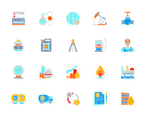 Set of Oil and Petrol Industry white line icon. Fuel Truck, Petroleum Wagon, Pumping Station, Gasoline, Cargo Ship and more.
