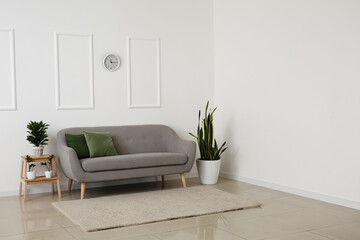 Grey sofa and step stool with houseplants near light wall