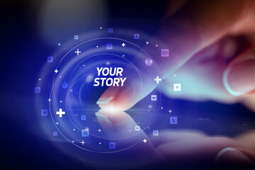 Finger touching tablet with social media icons concept