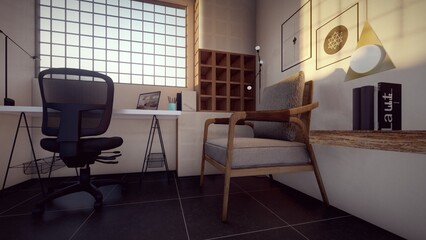 wooden chair in black and white home office interior modern style 3d illustration