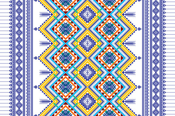 Ikat ethnic seamless pattern design. Aztec fabric carpet mandala ornament chevron textile decoration wallpaper. Tribal boho turkey African American Indian traditional embroidery vector 