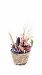 Bouquet of dried flowers in vase on white background