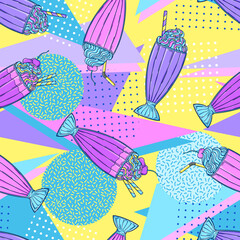 90s style milkshake pattern. Retro sweet ice cream dessert pop art vector. 90s style vector. 1990s trendy illustration. Nostalgia for the 90s.