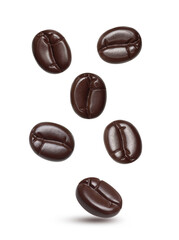 Roasted coffee beans falling isolated on white background.