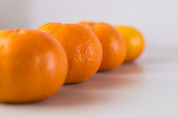 appetizing tangerines laid out in a row on white background