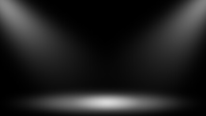 A showcase of products with a projector. Black background of the studio room. Use as an installation for product demonstration