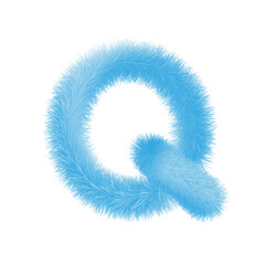 Fototapeta premium Feathered letter Q font vector. Easy editable letters. Soft and realistic feathers. Blue, fluffy, hairy letter Q, isolated on white background.