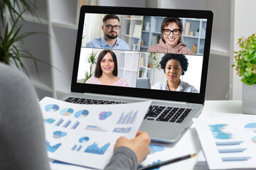 Online webinar team of people using laptop. Colleagues discuss financial graphs, reports and statistics remotely.