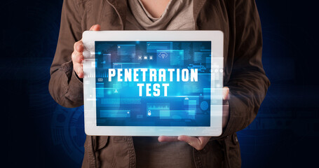 Person holding tablet, security concept