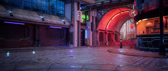 Cyberpunk concept panoramic 3D rendering of a dark seedy futuristic city street at night with fast food bar on the corner.