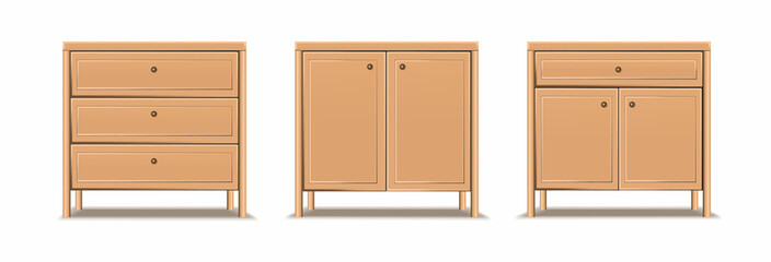 3d realistic vector icon set. Collection of dresser, bedside tables. Brown chest of drawers.