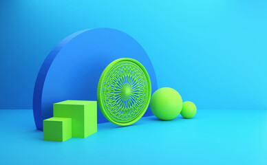 Various abstract shapes on a colored background. Minimalistic and creative abstraction concept. Create modern concepts inspired by abstraction. 3D render, 3D illustration.