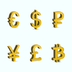 Gold world currency isolated on blue background, 3d vector illustration.