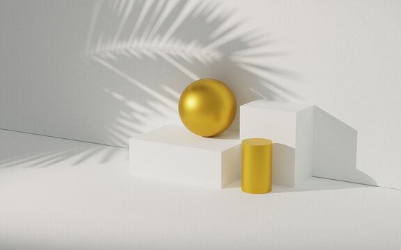 Abstract shapes of a golden sphere and cylinder on a light pastel background. Concept of minimalism, abstraction used as a background, mockup. 3D render, 3D illustration.