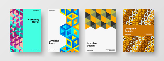 Bright geometric hexagons pamphlet illustration composition. Original corporate brochure vector design template collection.