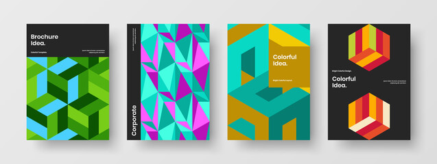 Vivid geometric pattern front page concept composition. Unique magazine cover design vector template set.