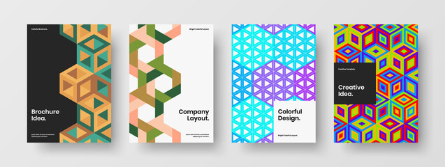 Simple geometric tiles front page illustration set. Bright annual report design vector layout collection.